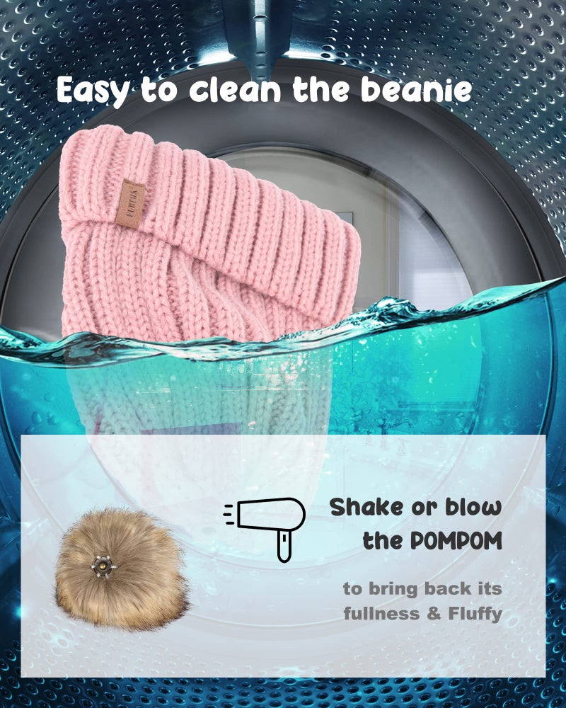 FURTALK Kids Winter Hat Toddler Knitted Beanie with Faux Fur Pom Poms for Baby Girls Boys Pink with Pink Pom,3-24 Months - Image 3